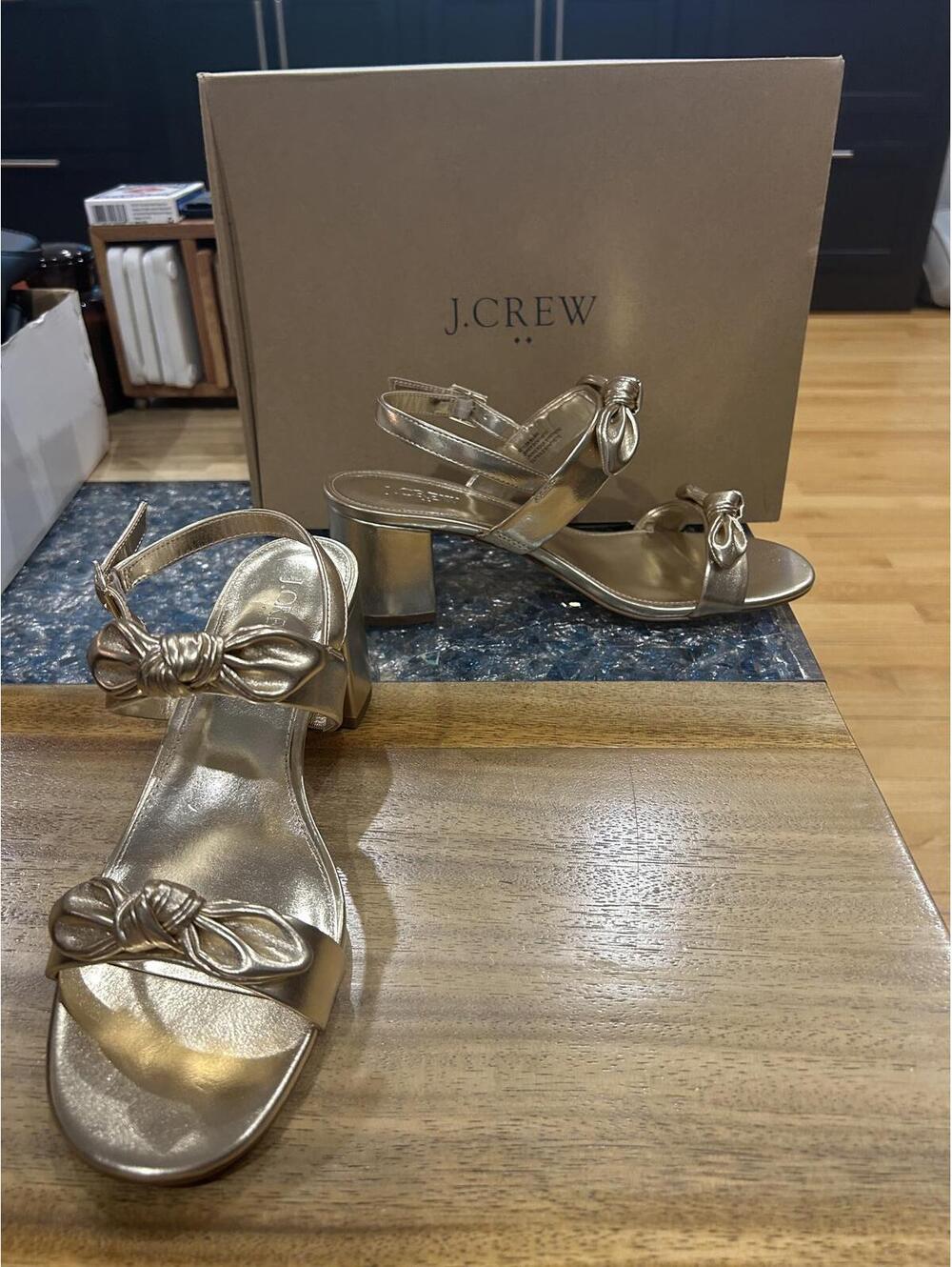 J.Crew Metallic Gold Block Heel Sandals with Knotted Detail